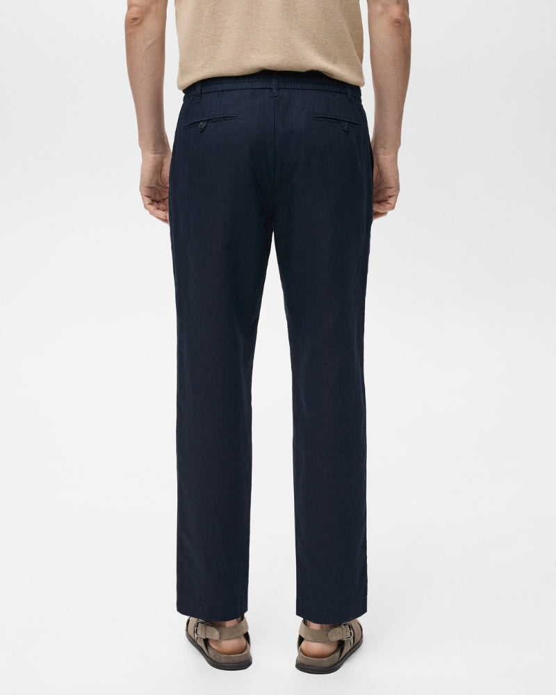 Cotton and linen blend trousers with drawstrings - navy