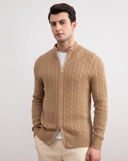 Tan Cable Knit full-zip Sweater