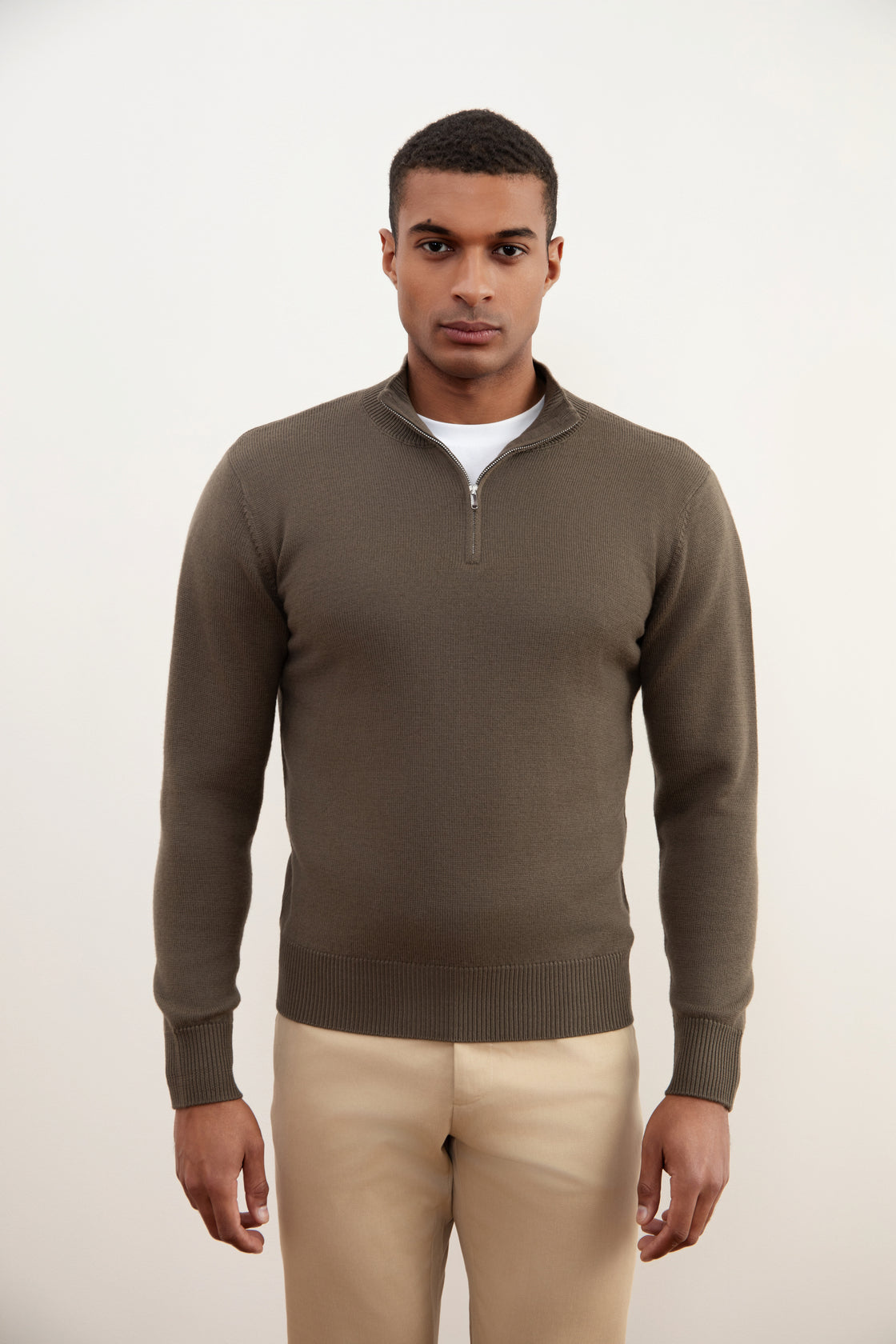 Taupe Merino Wool Half-Zip Sweater