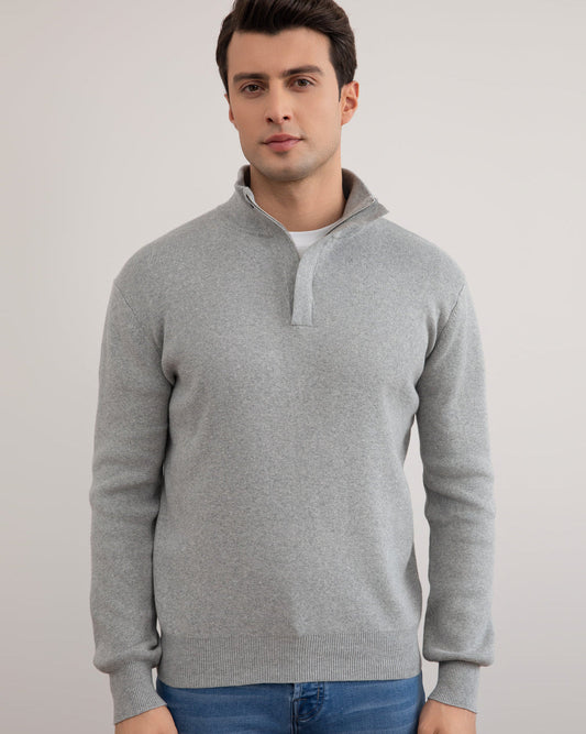 Grey Mélange Half-Zip Mock Neck Sweater