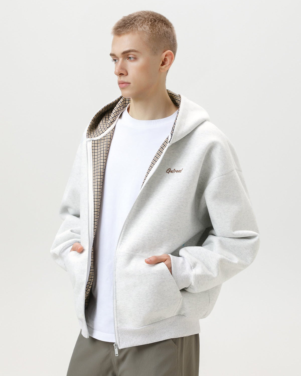 "Get Real" Checked Lined Zip Hoodie Sweater