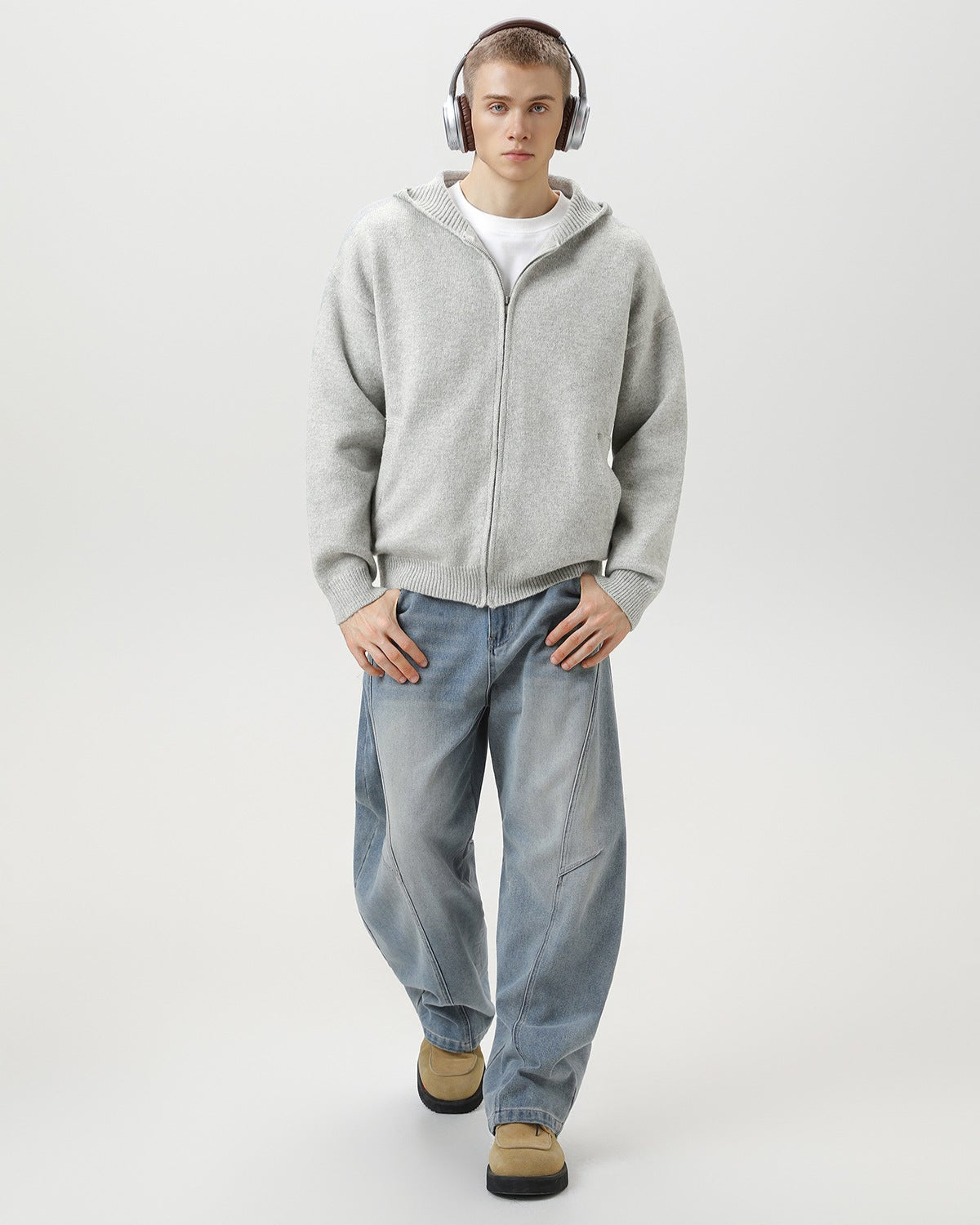 Minimalist Zip-Up Wool Blend Hoodie Cardigan