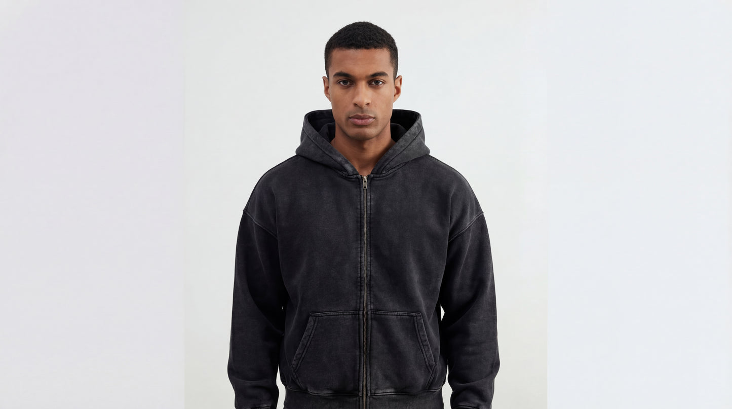 Distressed Fleece Zip Hoodie